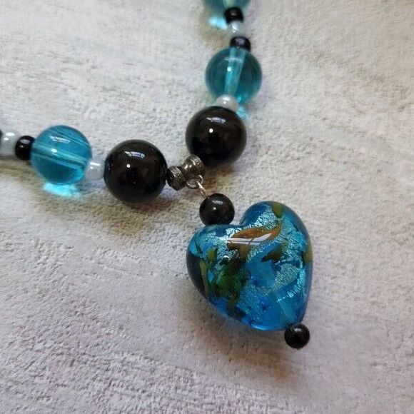 Art Glass Heart Pendant on Turquoise Colored Glass Beaded 28" Necklace - Picture 1 of 4